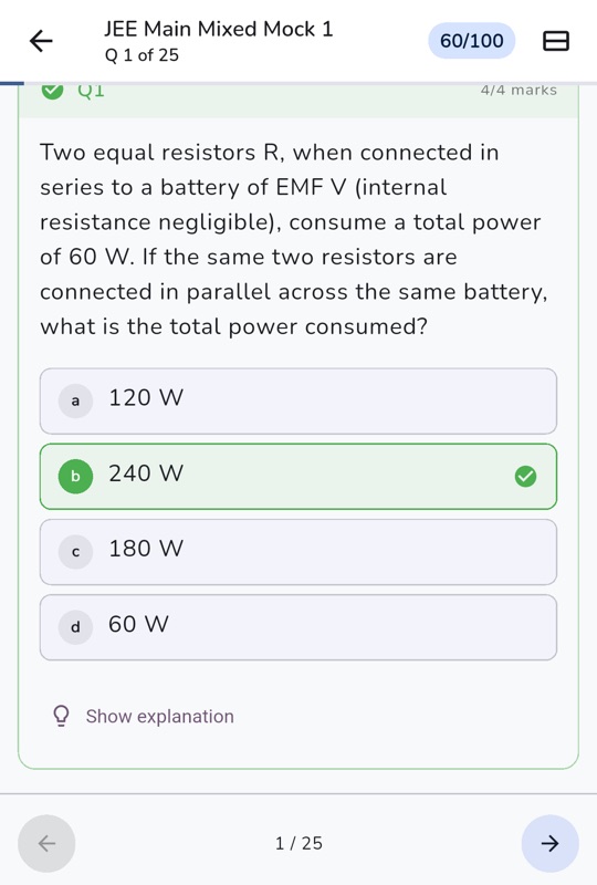Answer review of the 60 W question: 240 W marked correct, with a Show explanation link